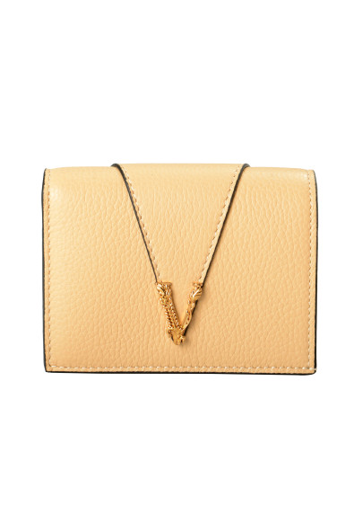 Versace Women's Gold V Logo Beige 100% Leather Card Case Compact Wallet