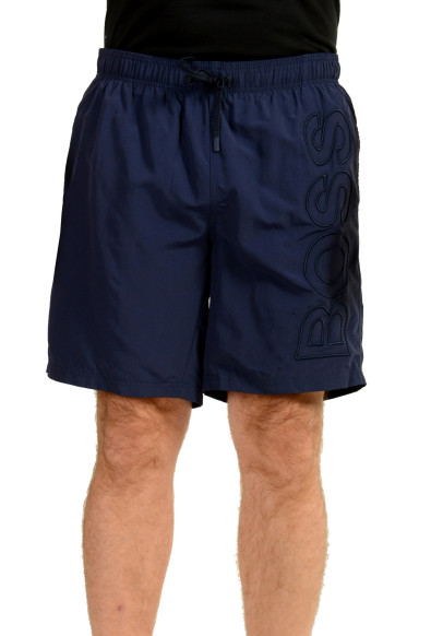 Hugo Boss Men's "Whale" Navy Blue Logo Print Swim Board Shorts