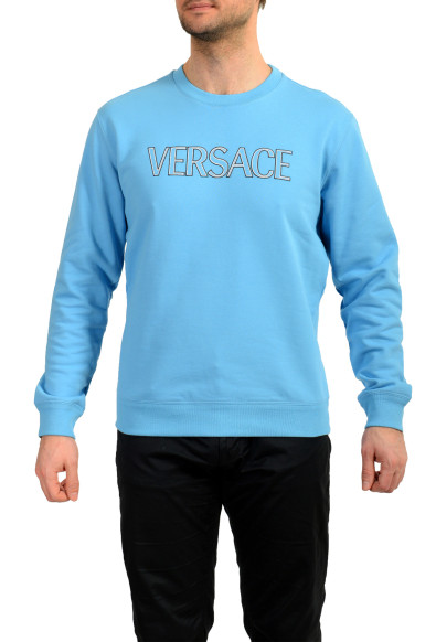 Versace Men's Sky Blue Logo Embroidered Fleece Cotton Sweatshirt
