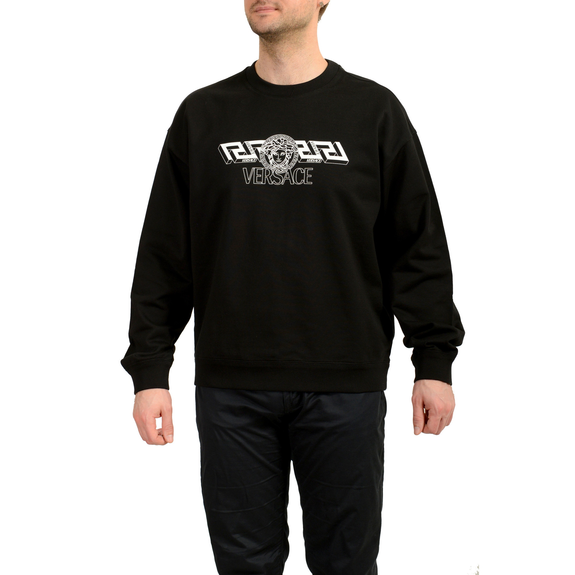 Versace Men's Black Mitchel Fit Logo Print Crewneck Sweatshirt