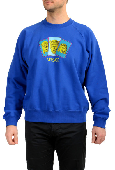 Versace Men's College Fit Royal Blue Logo Print Crewneck Sweatshirt 