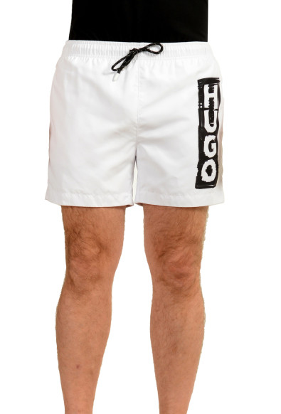 Hugo Boss Men's "Tag" White Logo Print Swim Board Shorts