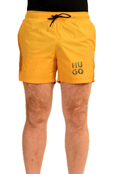 Hugo Boss Men's "PAOL" Mustard Yellow Logo Print Swim Board Shorts