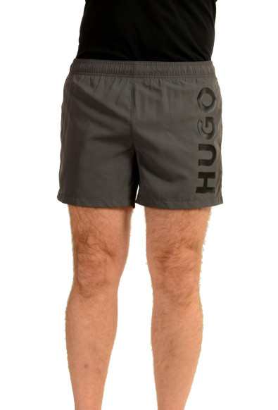Hugo Boss Men's "ABAS" Gray Logo Print Swim Board Shorts