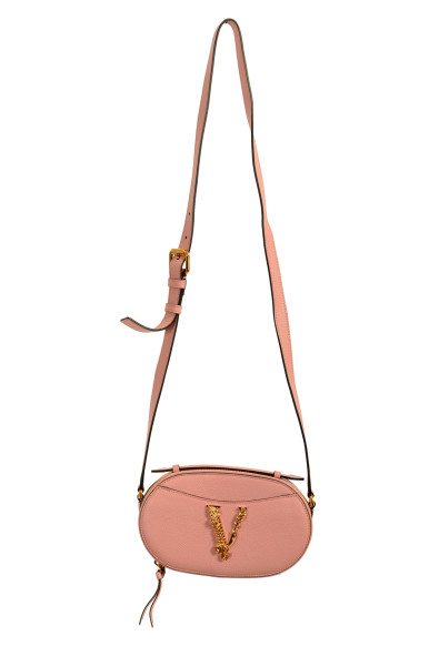 Versace Women's Grainy Dark Rose Leather Gold Logo V Camera Shoulder Bag Handbag