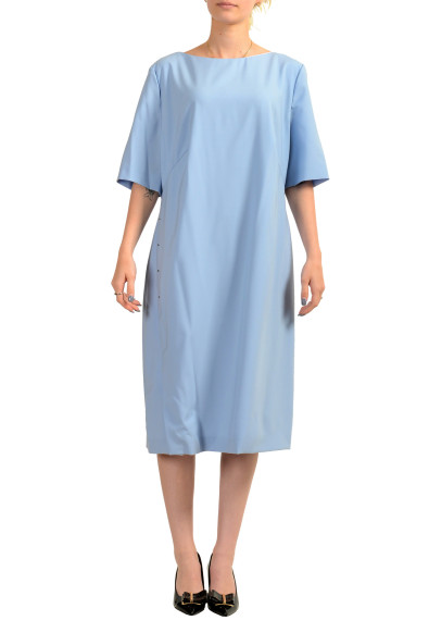 Hugo Boss Women's "Diwoma1" Sky Blue Wool Short Sleeve Pencil Dress