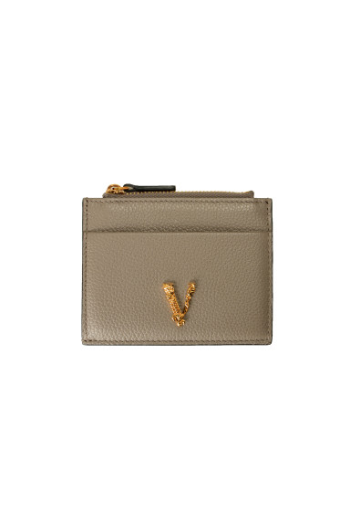 Versace Women's Gray 100% Textured Leather Gold V-Logo Card Case
