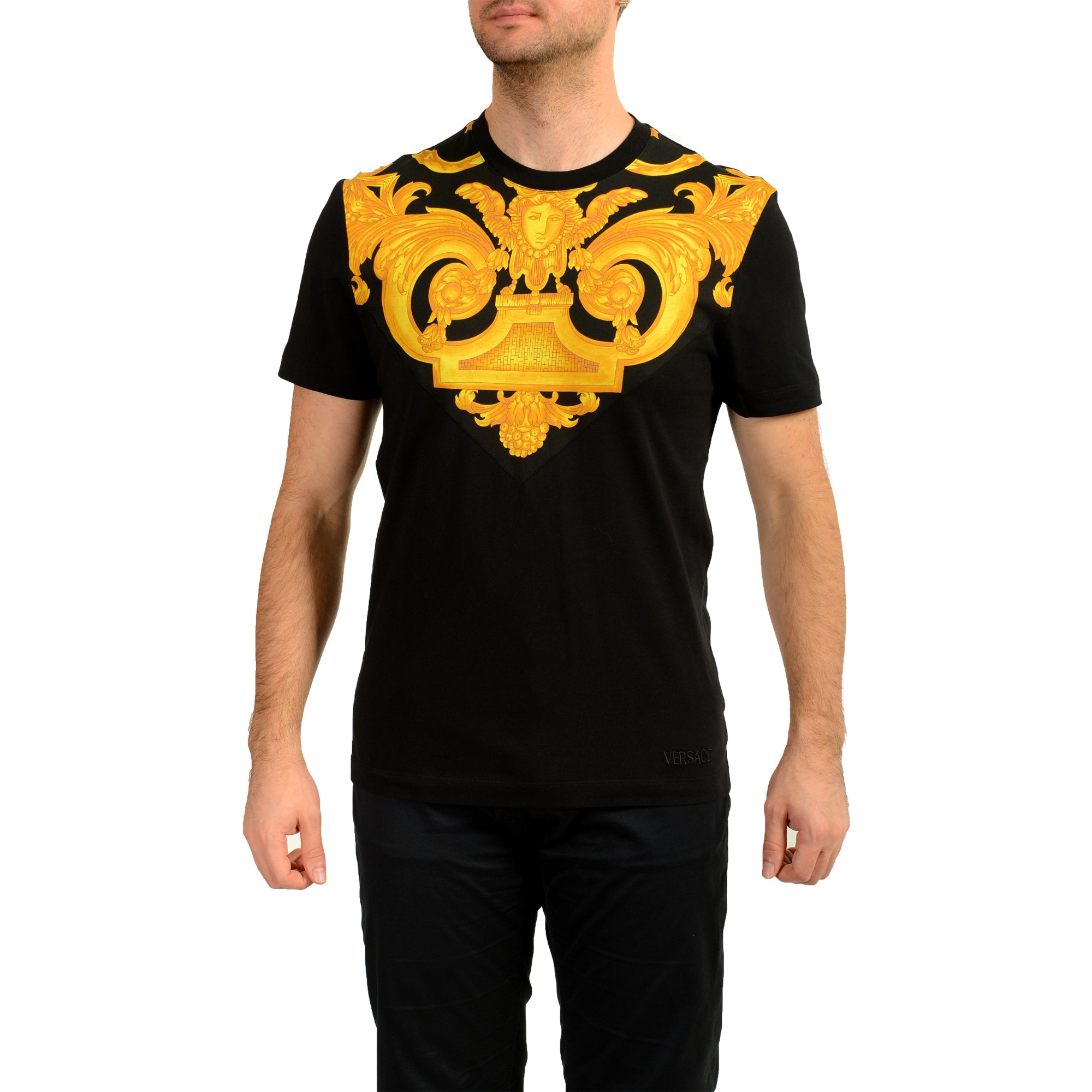 Versace Men's Black Barocco Logo Print Short Sleeve T-Shirt, image size:2000x2000