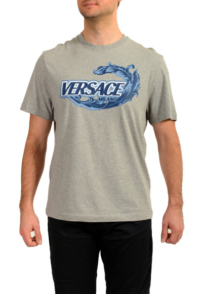 Versace Men's Gray & Blue Logo Print Short Sleeve T-Shirt
