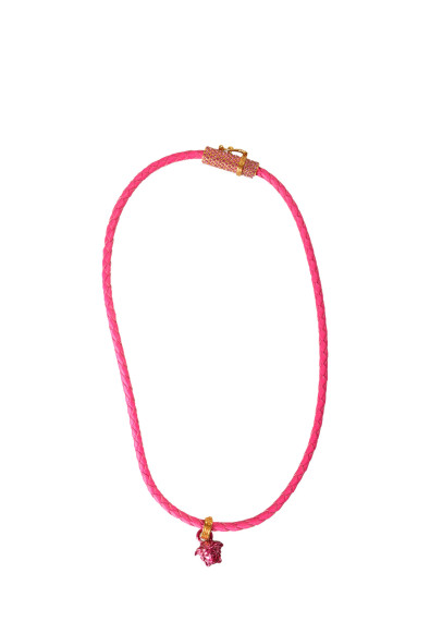 Versace Pink Leather Braided Gold Color Medusa Head Sparkle Necklace