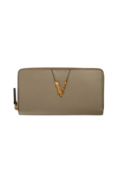 Versace Women's Gray 100% Grainy Leather Gold V-Logo Zip Around Wallet