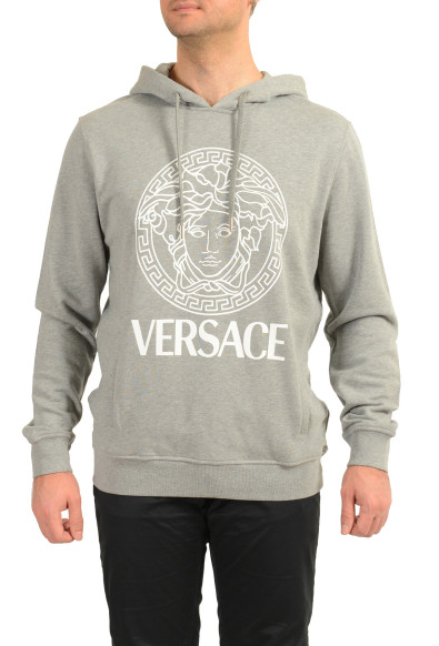 Versace Men's Gray & White Medusa Print Hooded Sweatshirt Hoodie