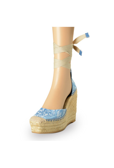 Versace Women's Denim Barocco Print Ankle Strap Wedges Sandals Shoes