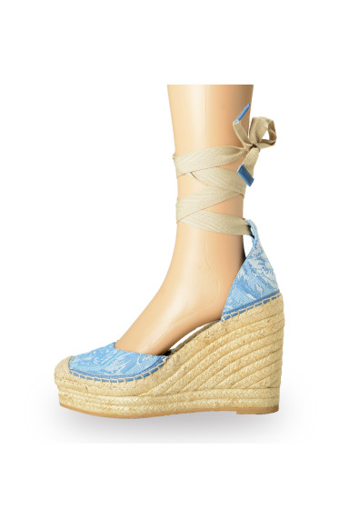 Versace Women's Denim Barocco Print Ankle Strap Wedges Sandals Shoes: Picture 2