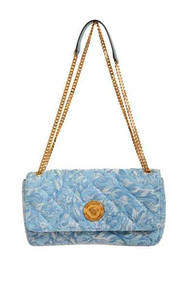 Versace Women's Blue Jacquard Gold Medusa Quilted Handbag Shoulder Bag