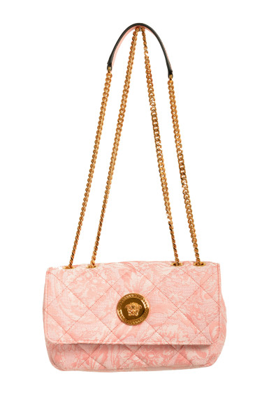 Versace Women's Small Pink Jacquard Gold Medusa Quilted Handbag Shoulder Bag