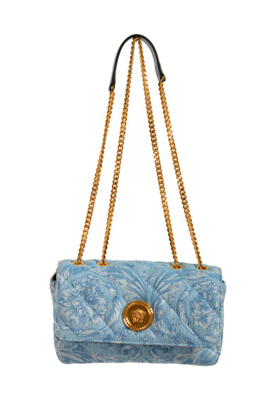 Versace Women's Small Blue Jacquard Gold Medusa Quilted Handbag Shoulder Bag