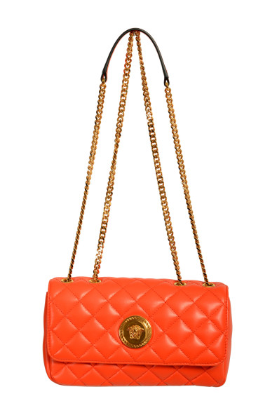 Versace Women's Coral Leather Gold Medusa Quilted Small Handbag Shoulder Bag