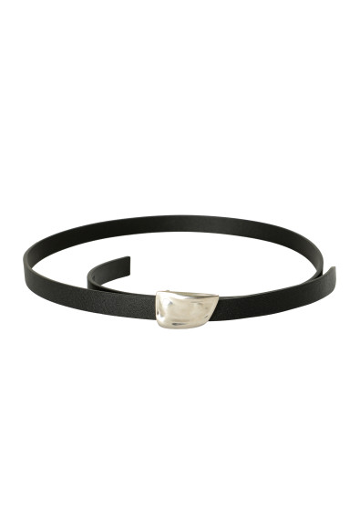 Burberry "Organic Shield" Black Leather Buckle Decorated Skinny Belt