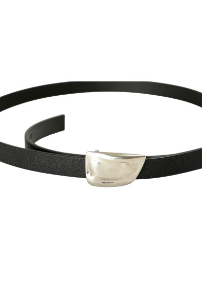 Burberry "Organic Shield" Black Leather Buckle Decorated Skinny Belt: Picture 2