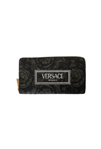 Versace Women's Black Logo Embroidery Jacquard Zip Around Wallet