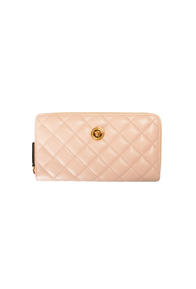Versace Women's Soft Pink 100%Leather Gold Medusa Head Quilted Zip Around Wallet