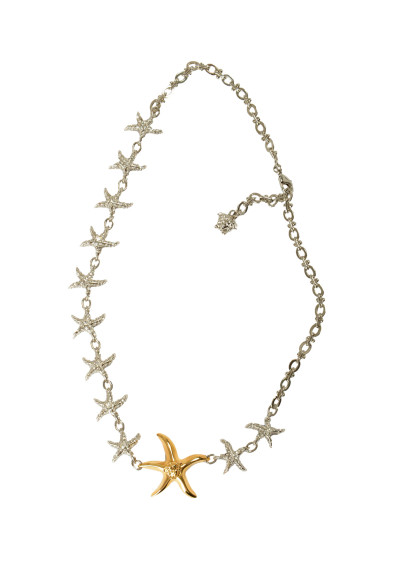 Versace Silver & Gold Color Metal Strass Stars Shaped Chain Necklace Pendant