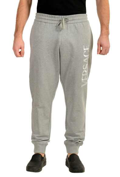 Versace Men's Gray White Logo Embroidered Sweat Track Pants 