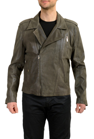 Versace Collection Men's 100% Leather Gray Full Zip Bomber Jacket 