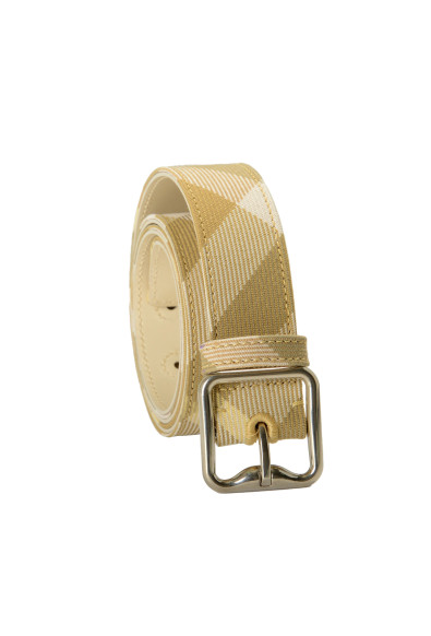 Burberry "LB B Buckle 30" Flax Gray Leather & Canvas Signature Print Belt