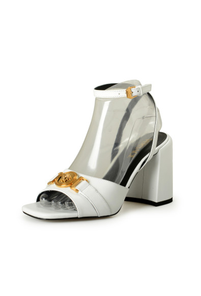 Versace Women's White Leather Gold Color Medusa Heeled Sandals Shoes