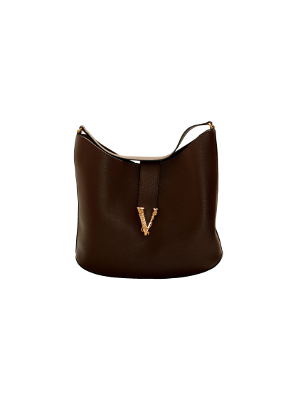 Versace Women's Brown 100% Grainy Leather V-Logo Hobo Handbag Shoulder Bag