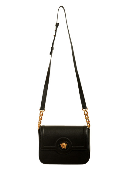 Versace Women's Black Grainy Leather Gold Medusa Satchel Shoulder Bag