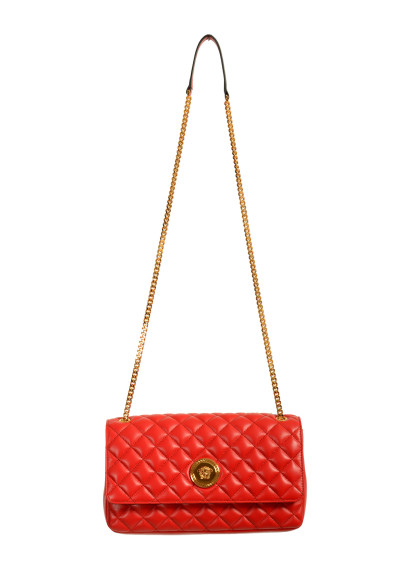Versace Women's Red Leather Gold Medusa Quilted Handbag Shoulder Bag