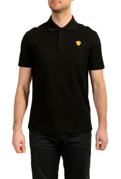 Versace Men's Taylor Fit Gold Logo Embroidery Black Polo Shirt