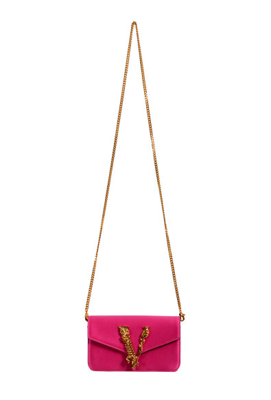 Versace Fuchsia Pink Satin Gold V- Logo & Chain Mini Shoulder Bag