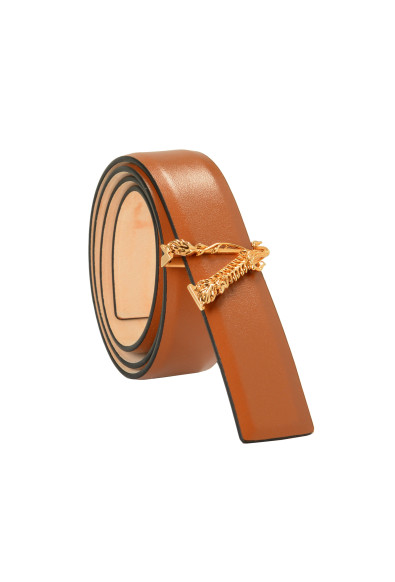Versace Cognac Brown 100% Leather Gold V-Logo Decorated Belt