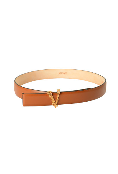 Versace Cognac Brown 100% Leather Gold V-Logo Decorated Belt: Picture 2