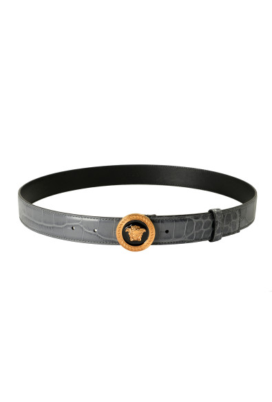 Versace Gray 100%Leather Croc Print Gold Medusa Head Decorated Belt: Picture 2