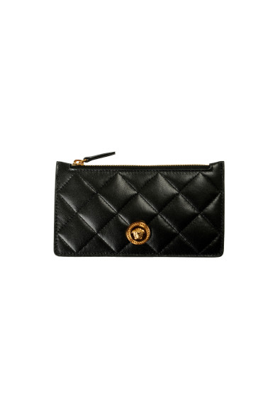 Versace Black Quilted 100% Leather Gold Medusa Head Card Case Wallet