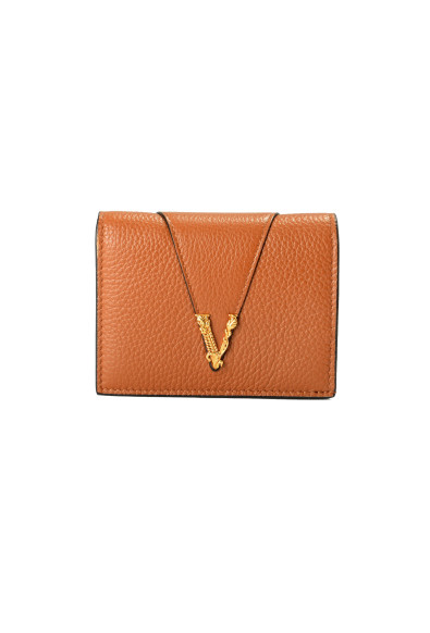 Versace Women's Chestnut Brown 100% Textured Leather Gold V-Logo Compact Wallet
