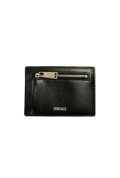 Versace Black 100% Leather Silver Logo Print Card Case Holder