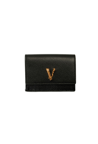 Versace Black 100% Textured Leather Gold V-Logo Compact Trifold Wallet