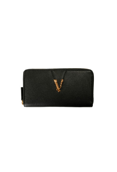 Versace Women's Black 100% Grainy Leather Gold V-Logo Zip Around Wallet