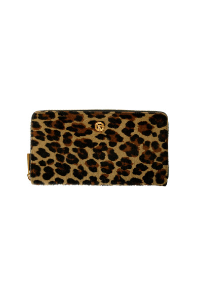 Versace Pony Hair Leather Gold Medusa Head Leopard Print Zip Around Wallet
