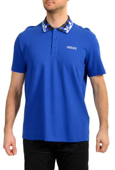 Versace Men's Royal Blue Logo Embroidery Short Sleeve Polo Shirt