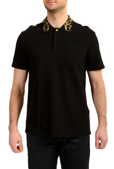 Versace Men's Black Logo Embroidery Short Sleeve Polo Shirt