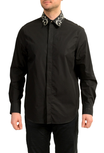 Versace Men's Black & Silver Collar Embellishments Long Sleeve Shirt