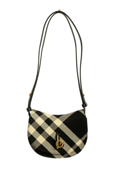 Burberry "Mn Rocking Horse" Leather & Canvas Black Plaid Handbag Shoulder Bag