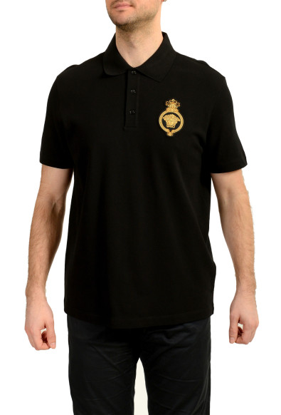 Versace Men's Black Logo Embroidery Short Sleeve Polo Shirt